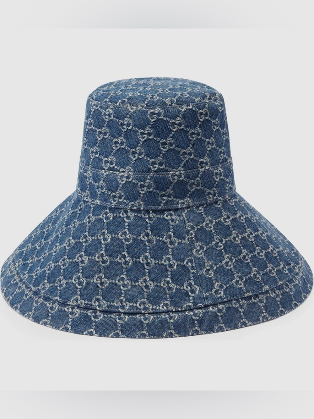 Denim Monogram Bucket Hat Large Wide Brim Jacquard Canvas Navy Blue Sun Beach - Picture 8 of 16